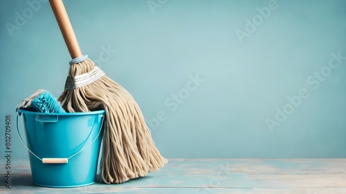 Isolated mop and bucket on background with copyspace Cleaning service Items for cleaning