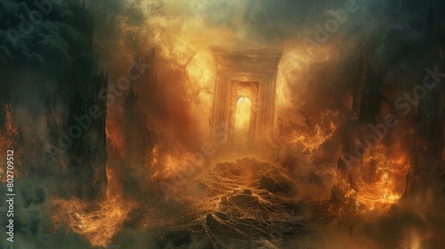 Terrifying scene at the Door to Hell, shrouded in thick mist and dense cobwebs, flickering fire lighting up faces of souls in pain
