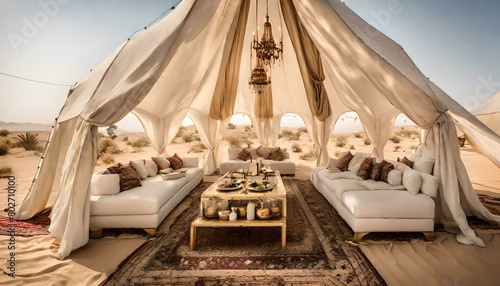 A beautiful tent with a banquet in an oasis in the middle of the desert.