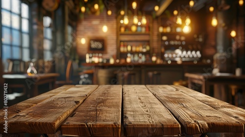 At the vintage pub interior, the wooden table echoes stories of yore against a backdrop of blurred heritage decor, Sharpen 3d rendering background