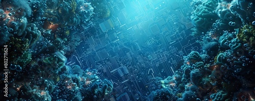 Beneath the waves, an Abstract circuit board futuristic illustration emerges, mirroring the depth and complexity of marine ecosystems, Sharpen 3d rendering background