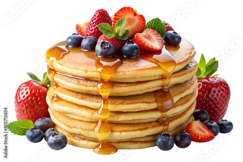 Isolated Pile of Pancakes: A stack of fluffy pancakes isolated on a transparent background, drizzled with syrup and topped with fruit, perfect for breakfast menus and brunch-themed designs. 