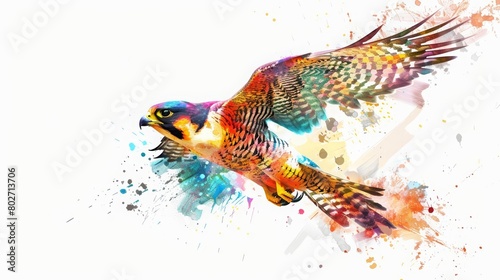 The cyber watercolor painting of a peregrine falcon made from holographic pixels merges the natural with the ultramodern