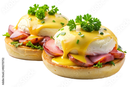 Isolated Plate of Eggs Benedict: A plate of eggs Benedict isolated on a transparent background, featuring poached eggs, Canadian bacon, English muffins, and hollandaise sauce, perfect for brunch menus