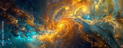 The Fantastic textured substance of a colorful nebula swirls dynamically across a Gold and Blue Abstract Futuristic Background