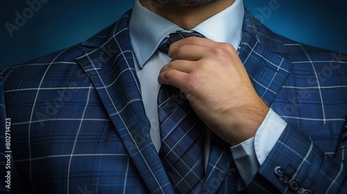 A man in a business suit puts on and straightens his tie with a clip. Wedding day concept, fashion, business, male style. copy space for text.