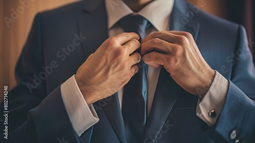 A man in a business suit puts on and straightens his tie with a clip. Wedding day concept, fashion, business, male style. copy space for text.