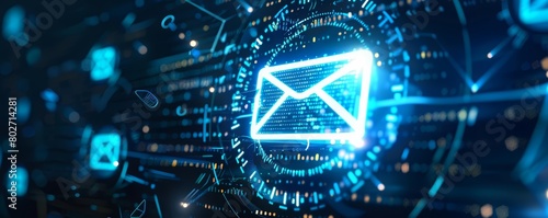 The process of email segmentation is depicted on a futuristic interface, enhancing personalized customer communications, hitech cyber look sharpen close up with copy space