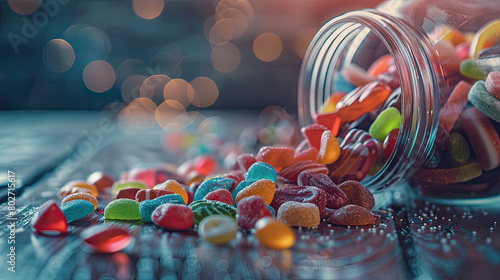 A detailed view of sugar-coated candies spilling from an open jar, highlighting the temptation of sweets