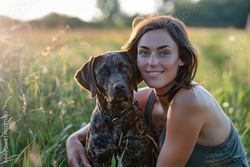 Attractive woman posing with her dog in a natural setting during the golden hour light