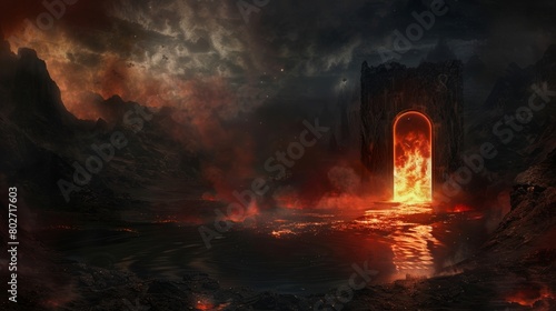 Menacing doorway to hell in a dark landscape, devilish figures by a burning reflective lake, engulfed in an atmosphere of evil and darkness