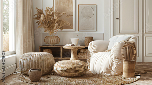 Interior of living room with soft armchair rattan pouf