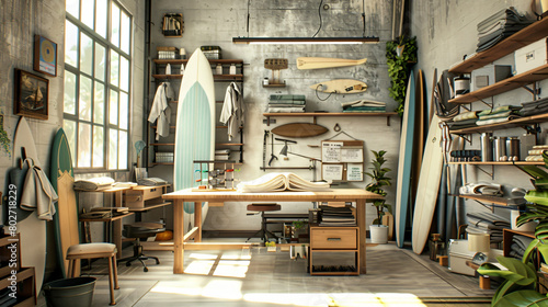 Interior of modern atelier with tailors workplace shel