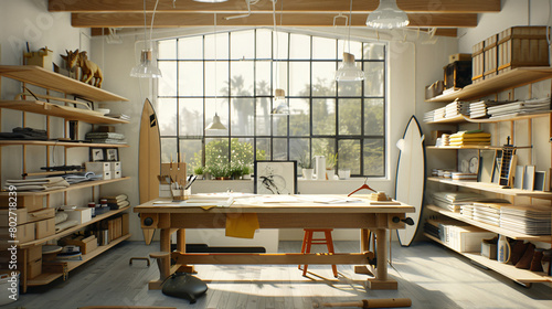 Interior of modern atelier with tailors workplace shel
