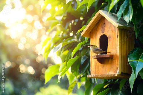 wooden birdhouse on a tree in a garden, close up, with a green leaves background