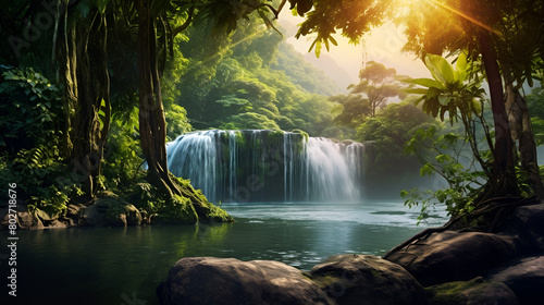 A waterfall in the forest with lush greenery landscape on a sunlight background 