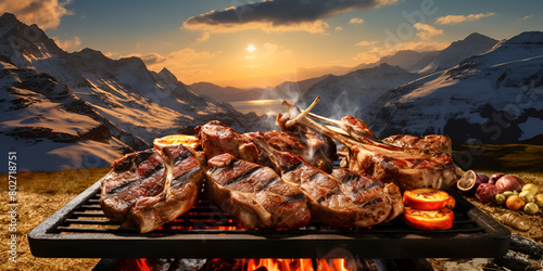 Food meat steak roast grilled illustration tasty and culinary behind mountains background 