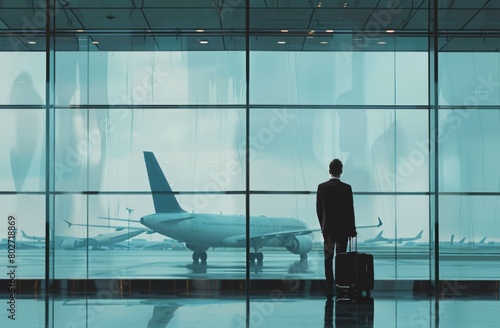 A businessman with a suitcase at the airport, waiting for his flight, looking at planes through windows