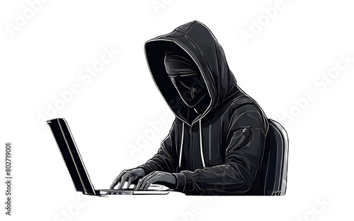 Black and White Art, Hacker in Black Jacket with his laptop