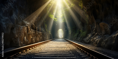railway tunnel in the jungle with greenery scenic landscape on a sunlight background