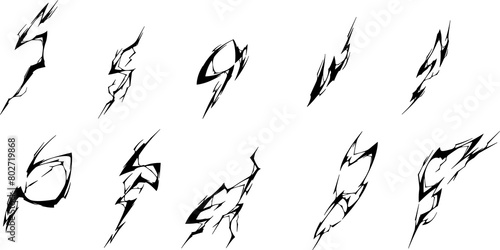 Black lightning silhouettes, thunderbolts. Earth ground, rock or floor cracks, vector cartoon illustration. Electric strikes, lightnings isolated on white background