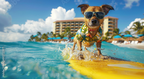 dog wearing sunglasses and Hawaiian shirt surfing on yellow surfboard in the ocean with blue sky, white sand beach in background
