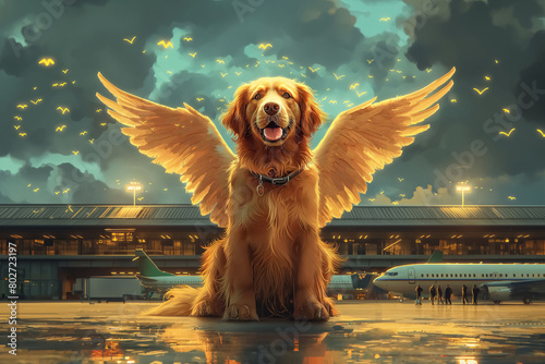 Dog with wings representing dog lives lost during transportation in a cargo area of an airplane