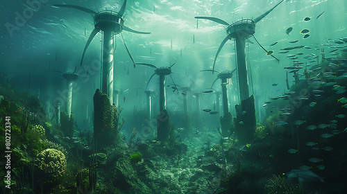 Underwater turbines generating renewable energy from ocean currents, Clean alternative energy is good for the environment. Generative AI illustration 