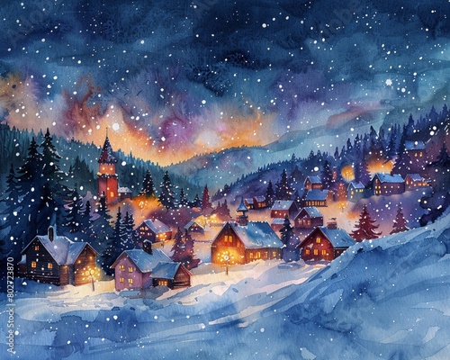 A watercolor painting of a snowy village at night, with colorful lights and winter elements creating a cozy background