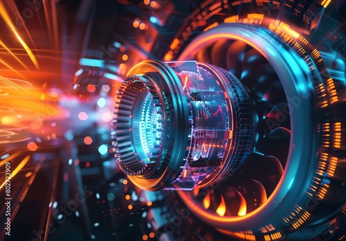 Futuristic 3D illustration of jet engine tech background. Engineering advancements