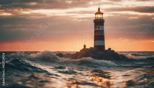 lighthouse in the middle of the sea, sunset colors and little wavy sea 