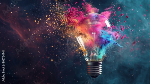 Exploding light bulb with colorful powder in a cosmic backdrop. AI Generative.