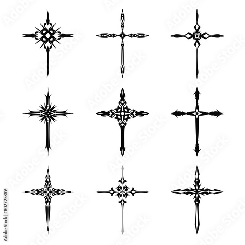 Christian cross vector icon symbols. Abstract christian religious belief or faith art illustration for orthodox or catholic design. The symbol of the cross in various designs used in tattoo.