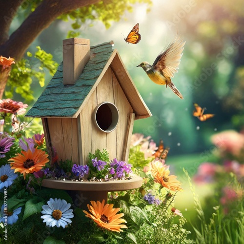 bird house and flowers.a mockup presenting an inviting illustration of a birdhouse surrounded by a lush garden landscape. The mockup should showcase the birdhouse as a focal point, with vibrant flower