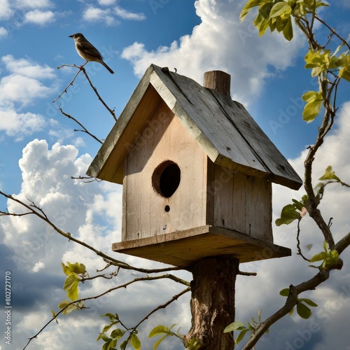 bird house on a tree.a quaint birdhouse set against a backdrop of blue skies and fluffy clouds. The birdhouse should be depicted with rustic charm, nestled among branches and leaves, with birds perche