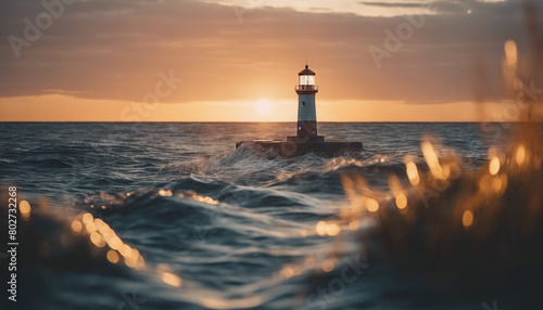 lighthouse in the middle of the sea, sunset colors and little wavy sea 