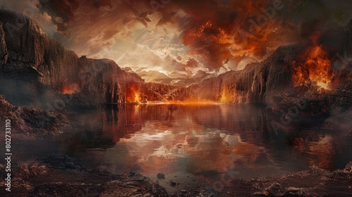 Eerie landscape depicting the gates of hell with a reflective lake, fiery skies, and smoldering grounds, creating a foreboding yet captivating scene