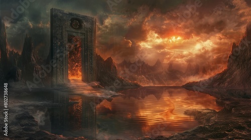 Haunting scene with a door to hell, reflecting lake offering a glimpse of the devil, surrounded by a landscape that burns beneath dark skies