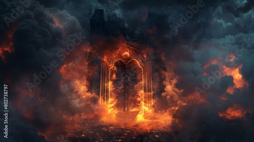 Hell gate door surrounded by dense smoke and aggressive flames, appearing as a terrifying portal in a realm of darkness and fire
