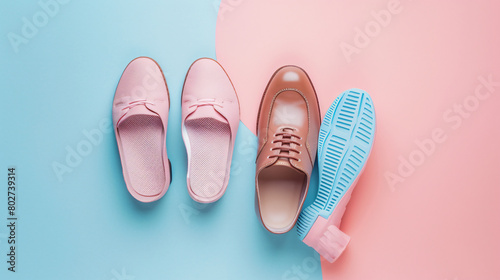 Pair of orthopedic insoles and shoes on color background