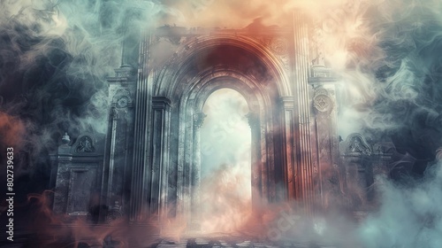 Ominous gates of hell with enveloping smoke and souls in agony, juxtaposed against the serene doors of heaven, shrouded in mist