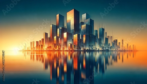 A city skyline at twilight with geometric buildings casting reflections on a smooth body of water.