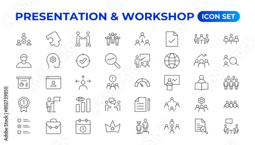 Workshop icon set. Containing team building, collaboration, teamwork, coaching, problem-solving and education icons.Business presentation line icons Presentation, business, seminar, partnership, goals