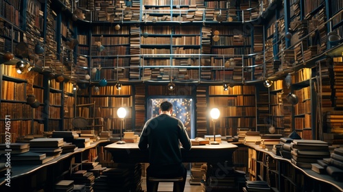Person in a library surrounded by books researching and taking notes on theoretical subjects