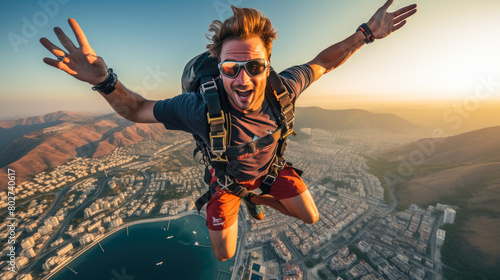 Skydiving, Free-fall excitement, Heart-pounding dives, Sky-high views, Parachute moments, Aerial perspectives