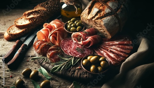 A close-up shot of a rustic wooden board adorned with an assortment of cured meats, olives, and artisanal bread, capturing the textures and rich color.