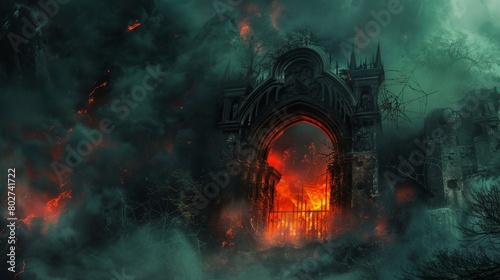 Sinister night landscape with heaven and hell gates, souls in torment amidst smoke and darkness, eerie mist and cobwebs surrounding a fiery, red glowing entrance