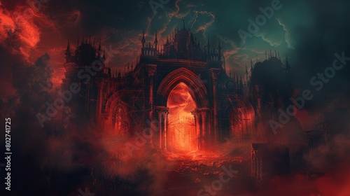 Sinister night landscape with heaven and hell gates, souls in torment amidst smoke and darkness, eerie mist and cobwebs surrounding a fiery, red glowing entrance