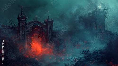 Sinister night landscape with heaven and hell gates, souls in torment amidst smoke and darkness, eerie mist and cobwebs surrounding a fiery, red glowing entrance