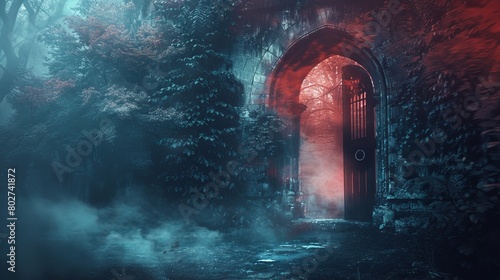 Spooky light from an open door in a dungeon setting, with a background of hell, smoky ring gate, and dark, mist-covered forest, creating a menacing vibe